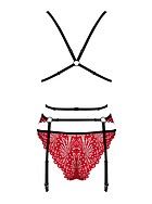 Revealing lingerie set, straps over bust, crochet lace, crossing straps